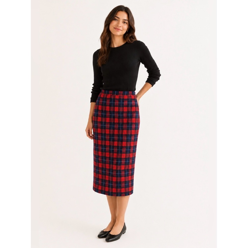 Pendleton Petite Pencil Skirt 10P Red Manson Tartan Plaid Virgin Wool Midi USA